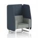 The picture shows a sleek and modern Dynamic Booths 1-seater open booth in Brixworth, with white legs and a stylish Rivet fabric. The booth features Crucible panels and a Prime Sofa, creating a contemporary and customizable seating option.