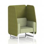 The image features a sleek, modern 1-seater open booth with white legs and bold olive panels in a rivet fabric. The complementary burnish sofa adds a touch of sophistication to this dynamic booths design. Perfect for any space in need of a stylish and customizable seating option.