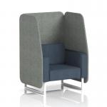This photo features a sleek, modern open booth with white legs and vibrant rivet fabric. The booth is made to order and includes prime panels and a Crucible Sofa, creating a dynamic and customizable seating option.