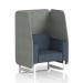 This photo features a sleek, modern open booth with white legs and vibrant rivet fabric. The booth is made to order and includes prime panels and a Crucible Sofa, creating a dynamic and customizable seating option.