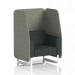 This photograph captures a sleek and modern open booth, featuring a white leg design and striking rivet fabric. The vitreous panels add an elegant touch, while the charcoal sofa provides a comfortable seating option. Perfect for any dynamic space in need of versatile seating.