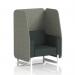 This photograph captures a sleek and modern open booth, featuring a white leg design and striking rivet fabric. The vitreous panels add an elegant touch, while the charcoal sofa provides a comfortable seating option. Perfect for any dynamic space in need of versatile seating.