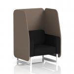The dynamic booth showcases a sleek and modern design with white legs and X2 fabric, featuring Theory panels and a Diameter Sofa SF002053. This one seater open booth is made to order in Brixworth, exuding elegance and sophistication.