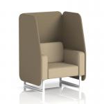 A photo of the Dynamic Booths Brixworth 1 Seater Open Booth captures a chic and modern design with white legs and elegant Main Line Flax fabric. The Bank panels and Upminster Sofa complement the overall aesthetic, exuding sophistication and class.
