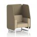 A photo of the Dynamic Booths Brixworth 1 Seater Open Booth captures a chic and modern design with white legs and elegant Main Line Flax fabric. The Bank panels and Upminster Sofa complement the overall aesthetic, exuding sophistication and class.