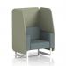 In the picture, we see a sleek 1 seater open booth with white legs and Newbury panels. The fabric used is Main Line Flax, giving it a chic and modern look. The booth is made to order, ensuring a personalized touch. A Westminster sofa can also be seen in the background, adding to the overall stylish design.