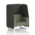 This image shows a modern and stylish open booth with white legs and a Main Line Flax fabric covering. The Temple panels and Monument Sofa give it a dynamic and unique look, perfect for any event or office space.