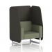 This image shows a modern and stylish open booth with white legs and a Main Line Flax fabric covering. The Temple panels and Monument Sofa give it a dynamic and unique look, perfect for any event or office space.