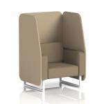 The photo displays a contemporary, customizable 1-seater booth featuring an open design, white legs, and neutral colored fabric. Accent panels in a complementary pattern add interest, while a sofa completes the sleek look.