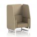 The photo displays a contemporary, customizable 1-seater booth featuring an open design, white legs, and neutral colored fabric. Accent panels in a complementary pattern add interest, while a sofa completes the sleek look.