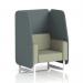 In this vibrant photograph, the Dynamic Booths 1 Seater Open Booth stands proudly with its stylish white legs and Main Line Flax fabric. The Westminster panels and Newbury Sofa add a touch of elegance to the dynamic design.