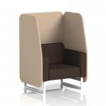 This picture features a dynamic booth, made to order and customized with a 1 seater open design. The booth has white legs and is upholstered in synergy fabric. It also includes affix panels and a wed sofa.