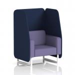 The image features a sleek and modern 1-seater open booth with white legs. The synergy fabric adds a unique pop of texture, while the alike panels create a cohesive look. This made-to-order piece is perfect for any dynamic space.