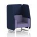 The image features a sleek and modern 1-seater open booth with white legs. The synergy fabric adds a unique pop of texture, while the alike panels create a cohesive look. This made-to-order piece is perfect for any dynamic space.