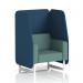 The photo captures a sleek and modern one-seater open booth with white legs, upholstered in sumi fabric. Its dynamic design is completed with uto panels and a handa sofa, creating a stylish and functional seating space.