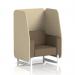 The photograph features a sleek and modern Dynamic Booths 1 seater open booth with white legs. The booth is made to order in Brixworth and comes with sumi fabric, zen panels, and a stylish Osaka Sofa.
