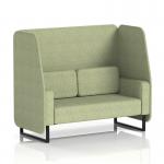 The picture displays a sleek and modern Dynamic Booths - Made To Order Brixworth 2 Seater Open Booth. The black legs contrast nicely with the rivet fabric and burnish panels. The sofa adds a touch of comfort to this stylish seating option.