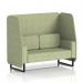The picture displays a sleek and modern Dynamic Booths - Made To Order Brixworth 2 Seater Open Booth. The black legs contrast nicely with the rivet fabric and burnish panels. The sofa adds a touch of comfort to this stylish seating option.