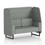 The picture shows a sleek and modern dynamic booth, customizable to order. The Brixworth 2 seater design features black legs and rivet fabric, while the prime panels and sofa add sophistication and style. Perfect for any space in need of a versatile and functional seating solution.
