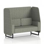 This image showcases a stylish Dynamic Booth, specifically the Brixworth 2 Seater Open Booth. It features black legs and rivet fabric, with vitreous panels and a comfortable sofa. Its a custom-made piece, perfect for any modern space.