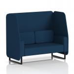 An appealing, modern open booth with sleek black legs, featuring dynamic Calculus panels and a cozy 2-seater sofa in X2 fabric. Perfect for any modern office setting.