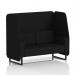 The picture shows a sleek and modern dynamic booth with a 2 seater open design and black legs. It is made to order with X2 fabric and features diameter panels and a stylish sofa. Perfect for any contemporary space.