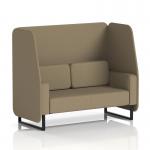 This picture features a sleek and modern Dynamic Booth in Brixworth 2 Seater design. The open booth has black legs and is upholstered in a beautiful Main Line Flax fabric. The side panels and sofa add a stylish touch to this custom-made piece.