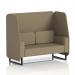 This picture features a sleek and modern Dynamic Booth in Brixworth 2 Seater design. The open booth has black legs and is upholstered in a beautiful Main Line Flax fabric. The side panels and sofa add a stylish touch to this custom-made piece.