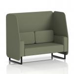 A stylish and modern open booth with black legs, upholstered in subtle flax fabric. The eye-catching monument panels add a touch of sophistication to this custom-made 2 seater. Perfect for any dynamic setting.