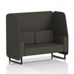 This photograph showcases a dynamic booth designed with black legs and upholstered in Main Line Flax fabric. The Temple panels add a stylish touch while the 2-seater open design provides ample seating space. Perfect for any modern setting.