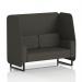 This photograph showcases a dynamic booth designed with black legs and upholstered in Main Line Flax fabric. The Temple panels add a stylish touch while the 2-seater open design provides ample seating space. Perfect for any modern setting.