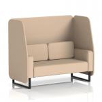 This photo showcases a stylish Dynamic Booths 2 seater open booth with sleek black legs. The synergy fabric adds a touch of elegance while the affix panels provide a customizable touch. The sofa has a modern, streamlined design that will elevate any space.