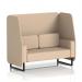 This photo showcases a stylish Dynamic Booths 2 seater open booth with sleek black legs. The synergy fabric adds a touch of elegance while the affix panels provide a customizable touch. The sofa has a modern, streamlined design that will elevate any space.
