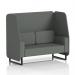 This image showcases a sleek and modern 2-seater open booth in Sumi fabric with black legs. The Kobe panels add a touch of sophistication to the dynamic design, making it a perfect addition to any space.