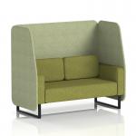 This photo features a dynamic booth that is made to order. It is a 2 seater open booth with black legs and is upholstered in rivet fabric. The burnish panels add personality and the olive sofa provides comfort.