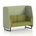 This photo features a dynamic booth that is made to order. It is a 2 seater open booth with black legs and is upholstered in rivet fabric. The burnish panels add personality and the olive sofa provides comfort.