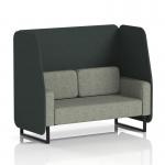 The photograph captures a sleek and modern two-seater booth with rivet fabric in charcoal panels and black legs. The open design exudes a dynamic feel, perfect for any contemporary space.