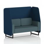 This image captures a dynamic booth, custom-made to order, with a 2 seater open layout and sleek black legs. The fabric used is a stylish X2, paired with modern calculus panels and a comfortable polygon sofa. This booth exudes modernity and sophistication.