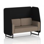 The photo shows a sleek and modern Dynamic Booth, custom-made in Brixworth with a 2-seater open design. It features black legs and X2 fabric, with unique diameter panels on the sides. The matching Theory Sofa SF002110 adds a touch of elegance to the overall look.