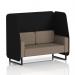 The photo shows a sleek and modern Dynamic Booth, custom-made in Brixworth with a 2-seater open design. It features black legs and X2 fabric, with unique diameter panels on the sides. The matching Theory Sofa SF002110 adds a touch of elegance to the overall look.