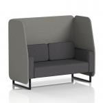 This photograph captures a stylish and modern Dynamic Booth, featuring a 2-seater open design with sleek black legs. The booth is customized with number panels and a striking Arithmetic Sofa accent piece, showcasing its one-of-a-kind appeal as a made-to-order piece from Brixworth.