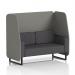 This photograph captures a stylish and modern Dynamic Booth, featuring a 2-seater open design with sleek black legs. The booth is customized with number panels and a striking Arithmetic Sofa accent piece, showcasing its one-of-a-kind appeal as a made-to-order piece from Brixworth.