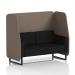 The Dynamic Booths - Made To Order Brixworth 2 Seater Open Booth features sleek black legs, X2 fabric, and Theory panels for a modern and versatile look. The spacious Diameter Sofa SF002113 adds extra comfort to this stylish piece.
