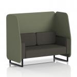 This photograph shows a sleek and modern two-seater open booth made to order with black legs. The main line flax fabric gives it a sophisticated touch, while the monument panels and temple sofa provide a touch of elegance.
