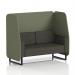 This photograph shows a sleek and modern two-seater open booth made to order with black legs. The main line flax fabric gives it a sophisticated touch, while the monument panels and temple sofa provide a touch of elegance.