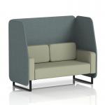 This photograph shows a custom-made two-seater open booth from Dynamic Booths, with black legs and stylish Westminster panels in a classy main line flax fabric. The booth also features a cozy Newbury sofa, creating a modern yet inviting look.