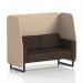 This picture showcases a stylish and modern Dynamic Booths 2 seater open booth with black legs, in synergy fabric. The affix panels and wed sofa add a touch of elegance. Perfect for any contemporary setting.