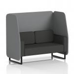 This picture shows the sleek and modern design of a Dynamic Booths open booth with black legs. The synergy fabric adds a touch of sophistication, while the partner panels and mix sofa provide versatile seating options. Perfect for any space in need of comfortable and stylish seating.