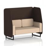 The image shows a modern and customizable 2-seater booth with black legs and sleek synergy fabric. The open design and wedge panels create a dynamic and inviting seating arrangement. This booth is made to order, allowing for versatility and personalized style.