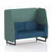 This photo showcases the sleek and modern design of a Dynamic Booths - Made To Order Brixworth 2 Seater Open Booth. The black legs and Sumi fabric create an elegant and sophisticated look, while the Handa panels and Uto Sofa add a unique touch. Perfect for any contemporary space.